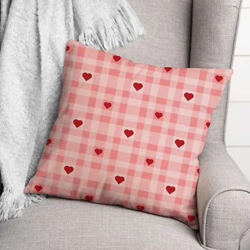 Pink Plaid Hearts Throw Pillow