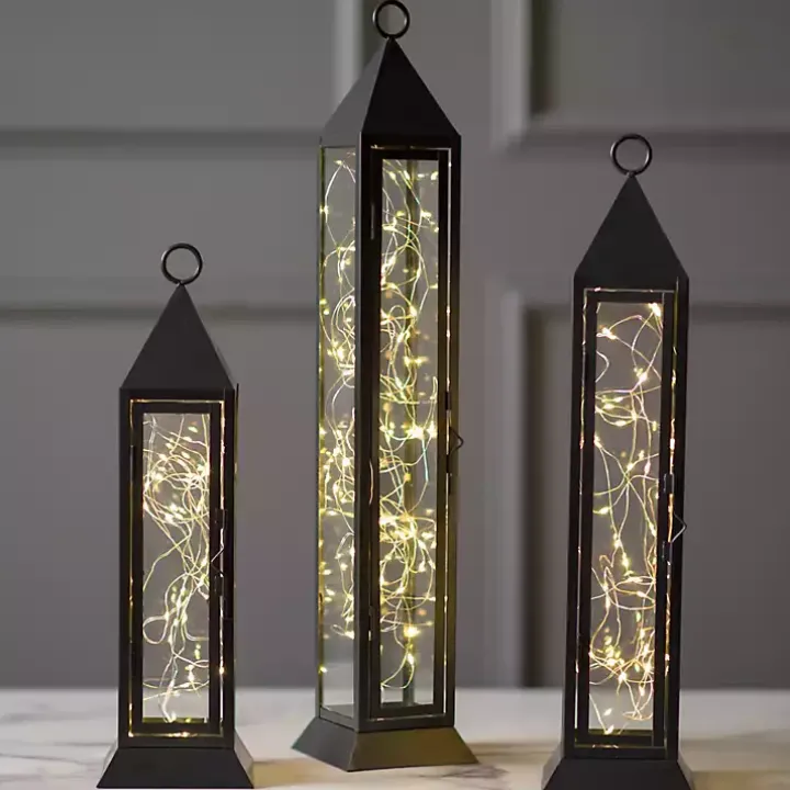 Pre-Lit Black Metal Twinkle Lights Lantern, 22 in.