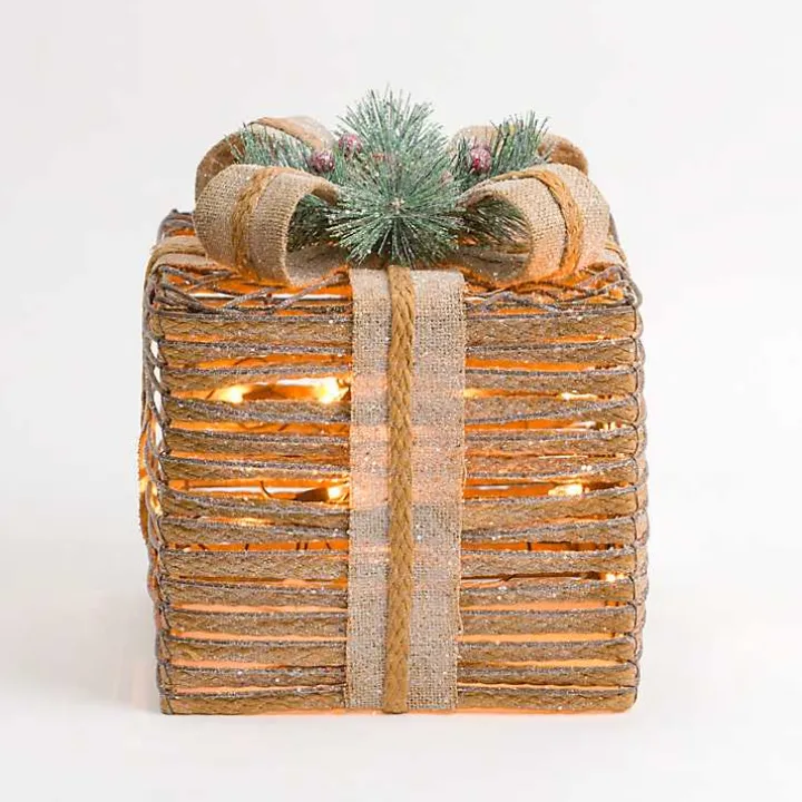 Pre-Lit Braided Burlap Christmas Gift Box, 10 in.