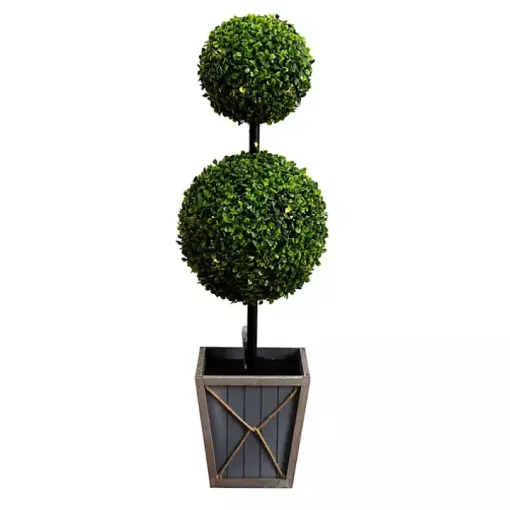 Pre-Lit Double Boxwood Topiary in Planter, 3 ft.