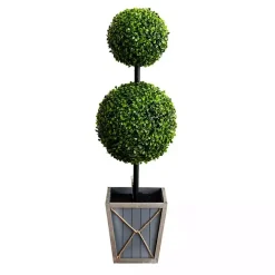Pre-Lit Double Boxwood Topiary in Planter, 3 ft.