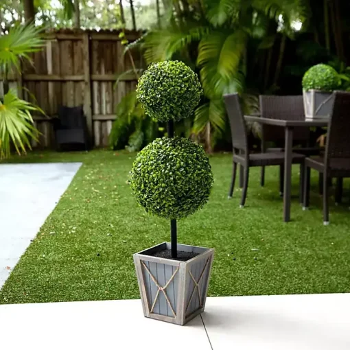 Pre-Lit Double Boxwood Topiary in Planter, 3 ft.