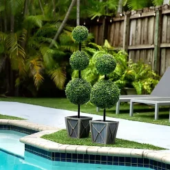 Pre-Lit Double Boxwood Topiary in Planter, 3 ft.