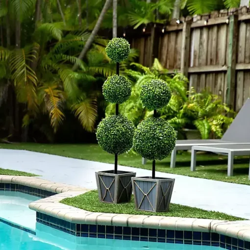Pre-Lit Double Boxwood Topiary in Planter, 3 ft.
