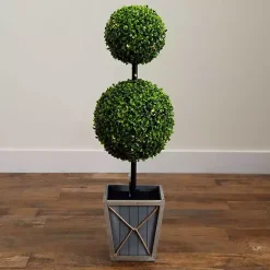 Pre-Lit Double Boxwood Topiary in Planter, 3 ft.