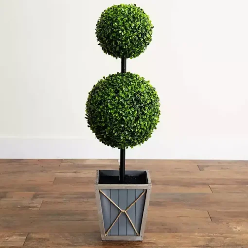 Pre-Lit Double Boxwood Topiary in Planter, 3 ft.