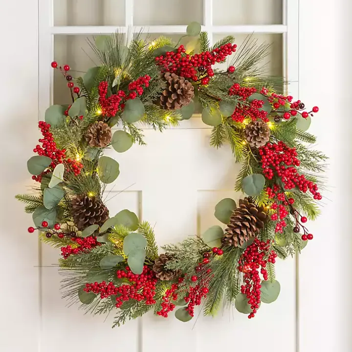 Pre-Lit Eucalyptus and Red Berry Wreath