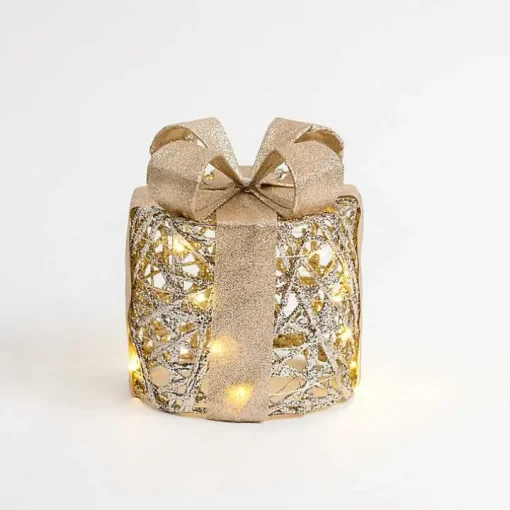 Pre-Lit Gold Glitter Christmas Gift Box, 6 in.