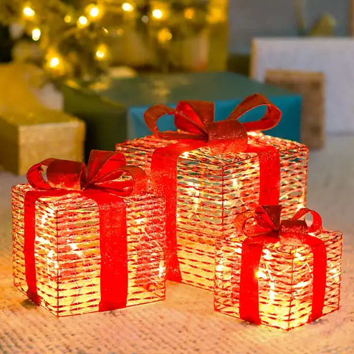 Pre-Lit Red Iridescent Christmas Gift Box, 6 in.