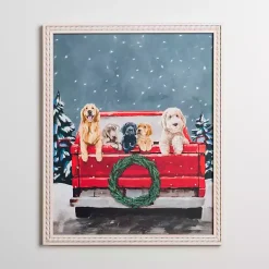 Puppies in Red Truck Christmas Canvas Art Print