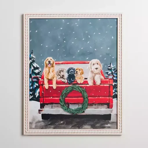 Puppies in Red Truck Christmas Canvas Art Print