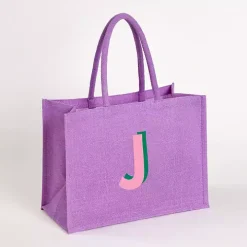 Purple Monogram J Jute Tote Bag