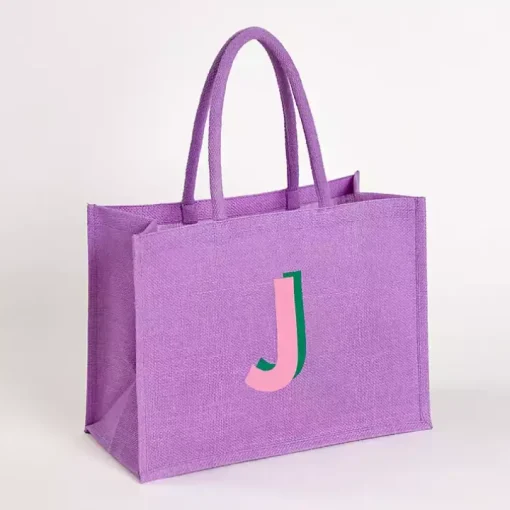 Purple Monogram J Jute Tote Bag