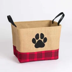 Red and Black Plaid Paw Print Jute Bin