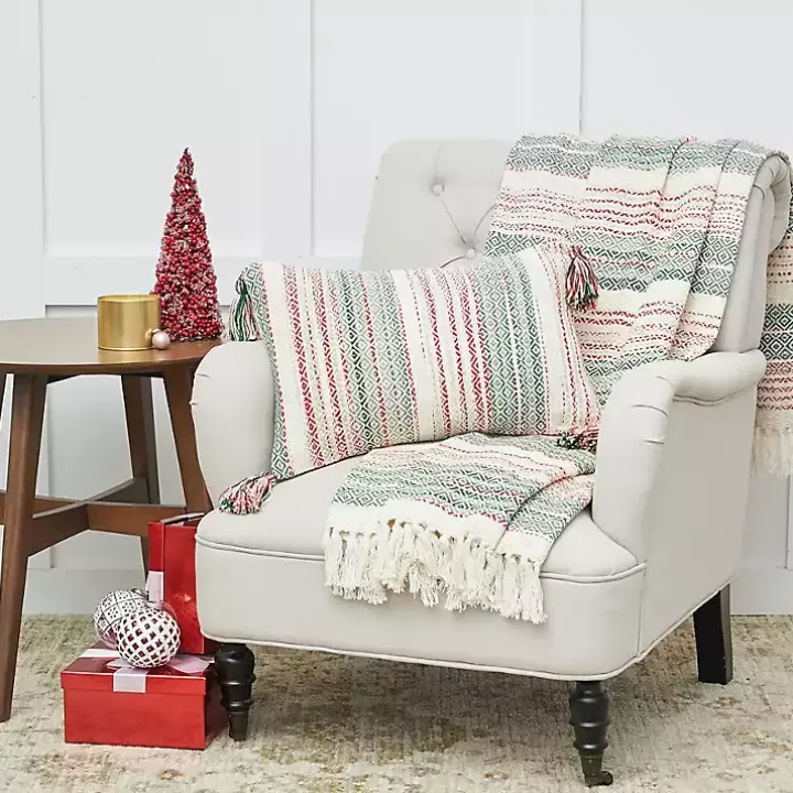 Red and Green Striped Christmas Lumbar Pillow