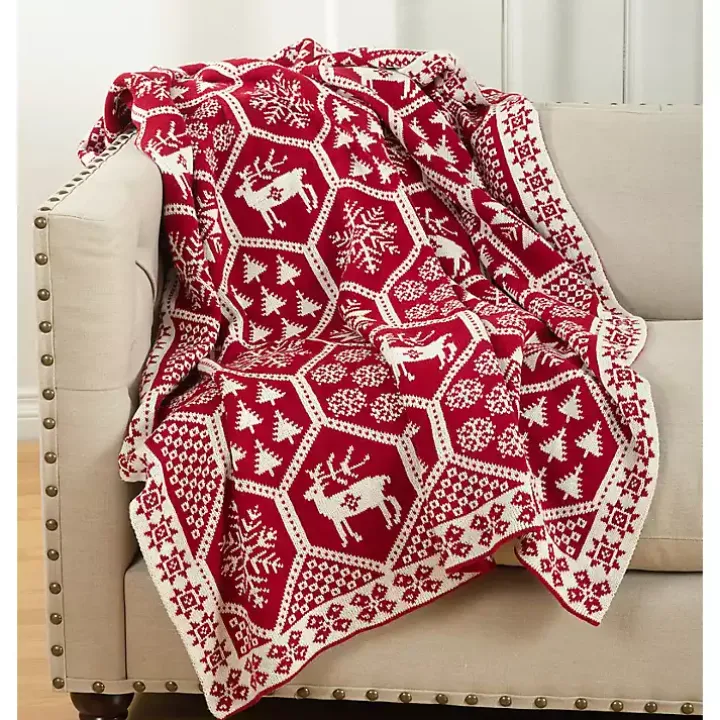 Red and White Geometric Christmas Throw Blanket