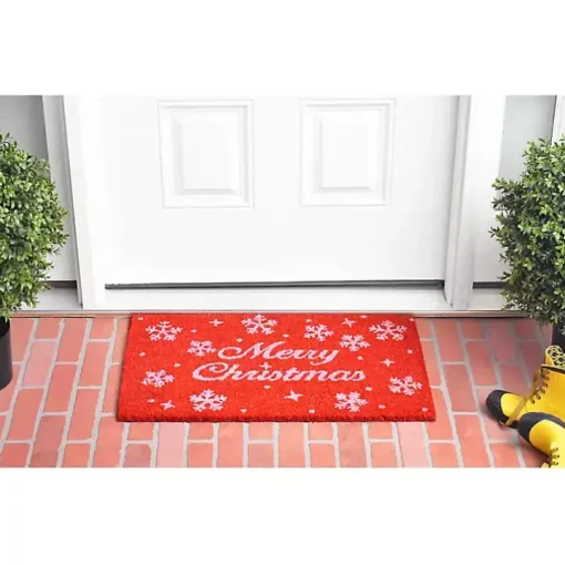 Red and White Merry Christmas Snowflake Doormat