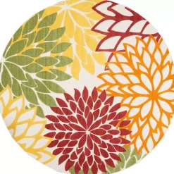 Red Floral Burst Outdoor Round Area Rug, 7 ft.