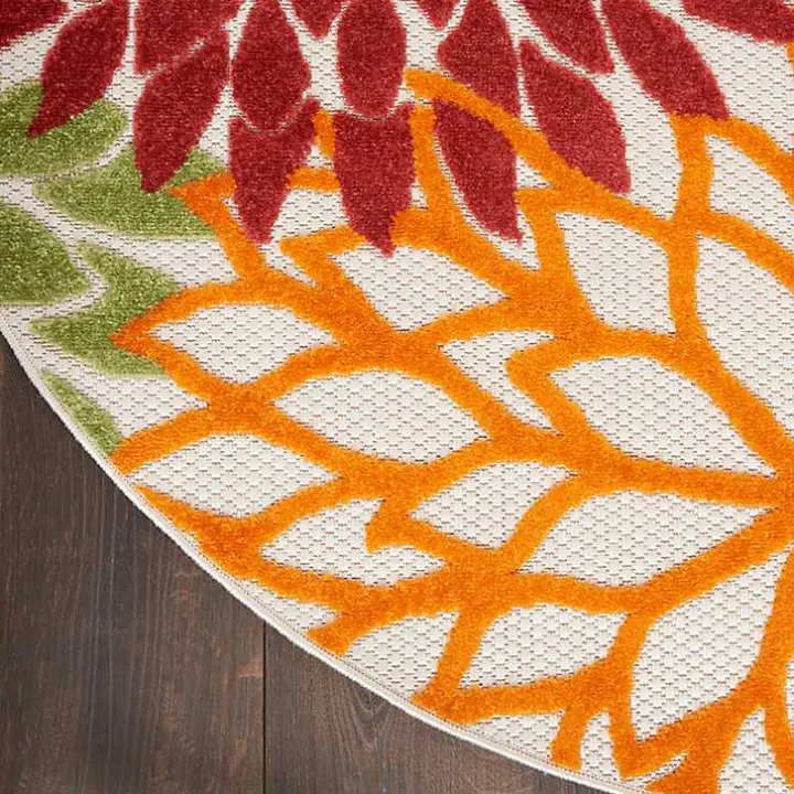 Red Floral Burst Outdoor Round Area Rug, 5 ft.