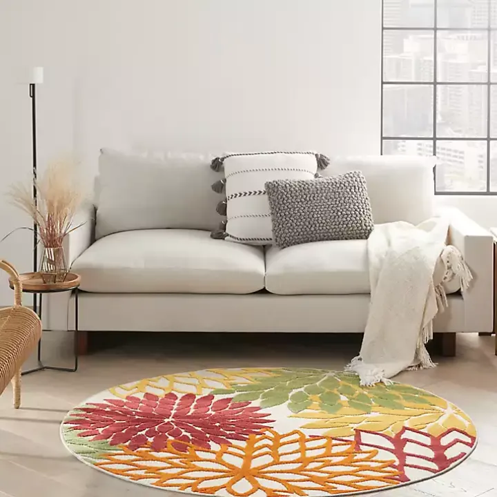 Red Floral Burst Outdoor Round Area Rug, 5 ft.