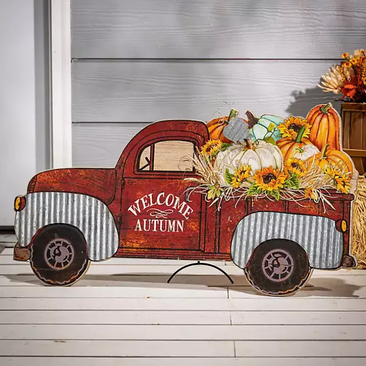 Red Pickup Truck Filled with Pumpkins Easel