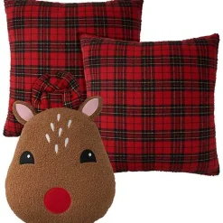 Red Plaid and Reindeer Pillows, Set of 3