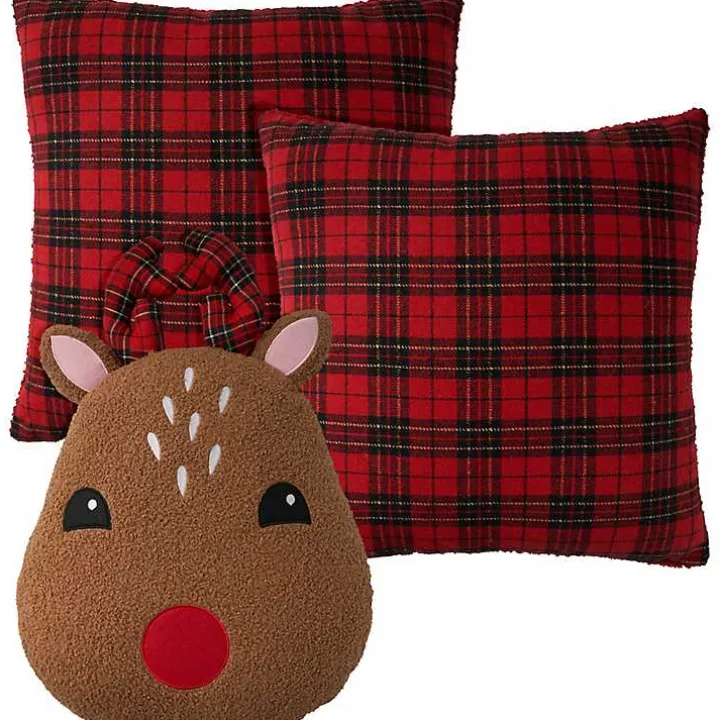 Red Plaid and Reindeer Pillows, Set of 3
