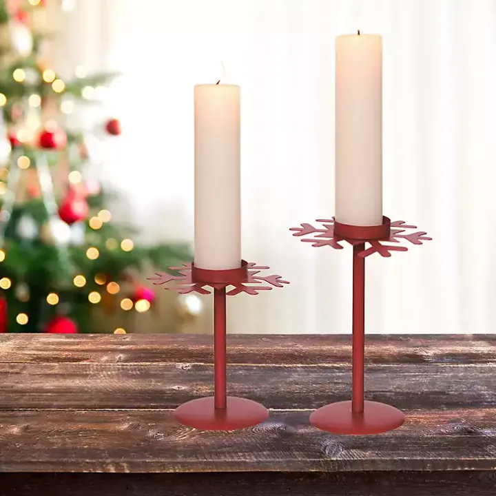 Red Snowflake Christmas Candle Holders, Set of 2