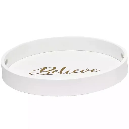 Round Believe White Wood Tray