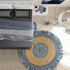 Round Braided Jute and Denim Area Rug, 3x3