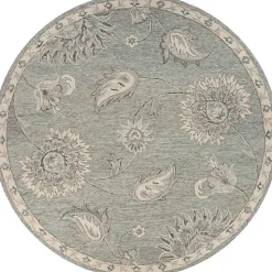 Round Gray and Blue Botanical Area Rug, 4x4