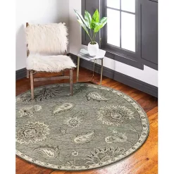 Round Gray and Blue Botanical Area Rug, 4x4