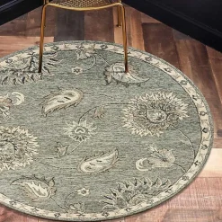 Round Gray and Blue Botanical Area Rug, 4x4