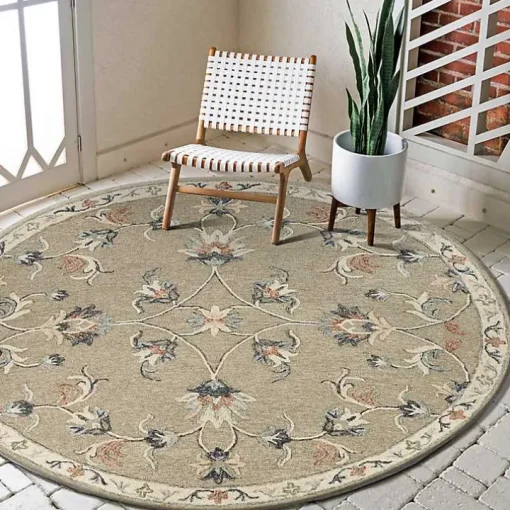 Round Gray Traditional Floral Area Rug, 4x4