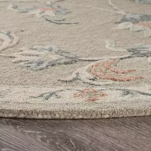 Round Gray Traditional Floral Area Rug, 4x4