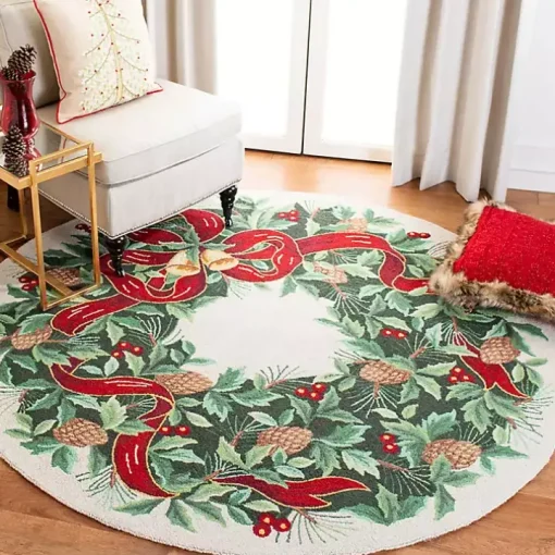 Round Ivory Vintage Poster Hooked Accent Rug