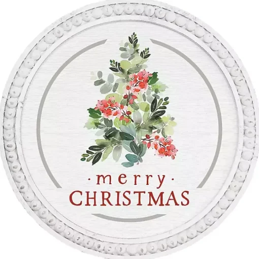 Round Merry Christmas Holly Tree Wall Plaque