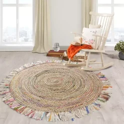 Round Multicolor Braided Jute Area Rug, 3x3