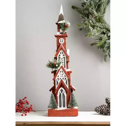 Rustic Red Christmastime Church Statue, 24 in.
