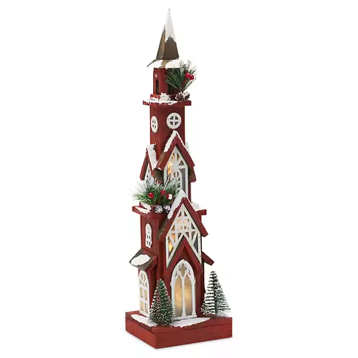 Rustic Red Christmastime Church Statue, 24 in.