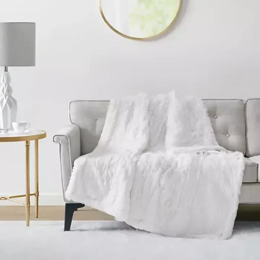 Serta White Shaggy Faux Fur Heated Throw