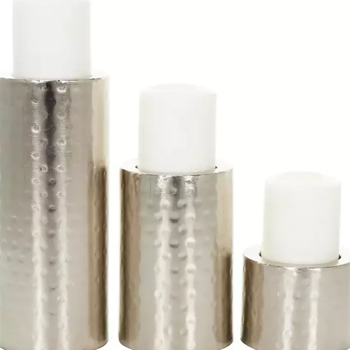 Silver Hammered Metal Candle Holders, Set of 3