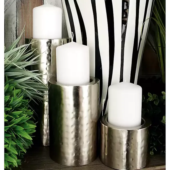 Silver Hammered Metal Candle Holders, Set of 3