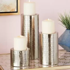 Silver Hammered Metal Candle Holders, Set of 3