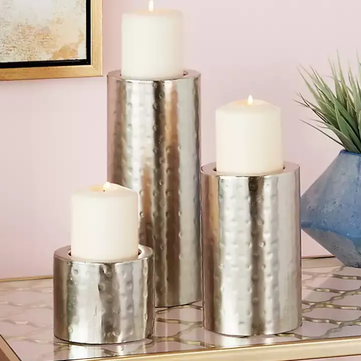 Silver Hammered Metal Candle Holders, Set of 3