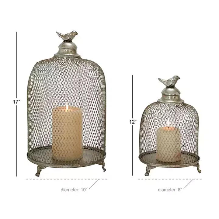 Silver Metal Bird Cage Cloche Lanterns, Set of 2