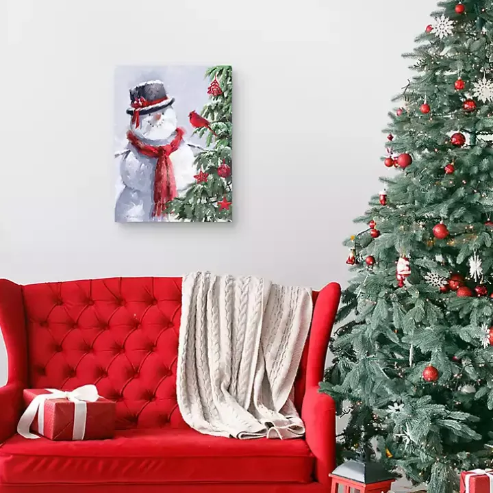 Snowman and Cardinal Canvas Art Print