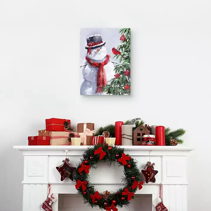 Snowman and Cardinal Canvas Art Print