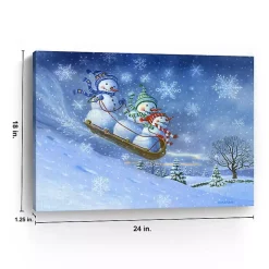Snowman Sledding Canvas Christmas Art Print