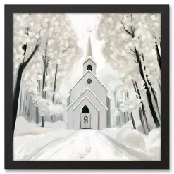 Snowy Church Black Framed Canvas Art Print